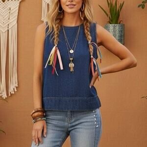 Vintage Stephanie Andrews Boho Cotton Denim Sleeveless Tank Top Size 14